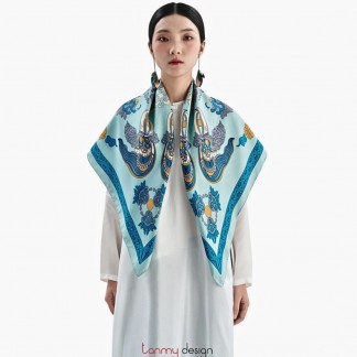 Khăn lụa vuông Cát phụng tường vân xanh 95*95 cm